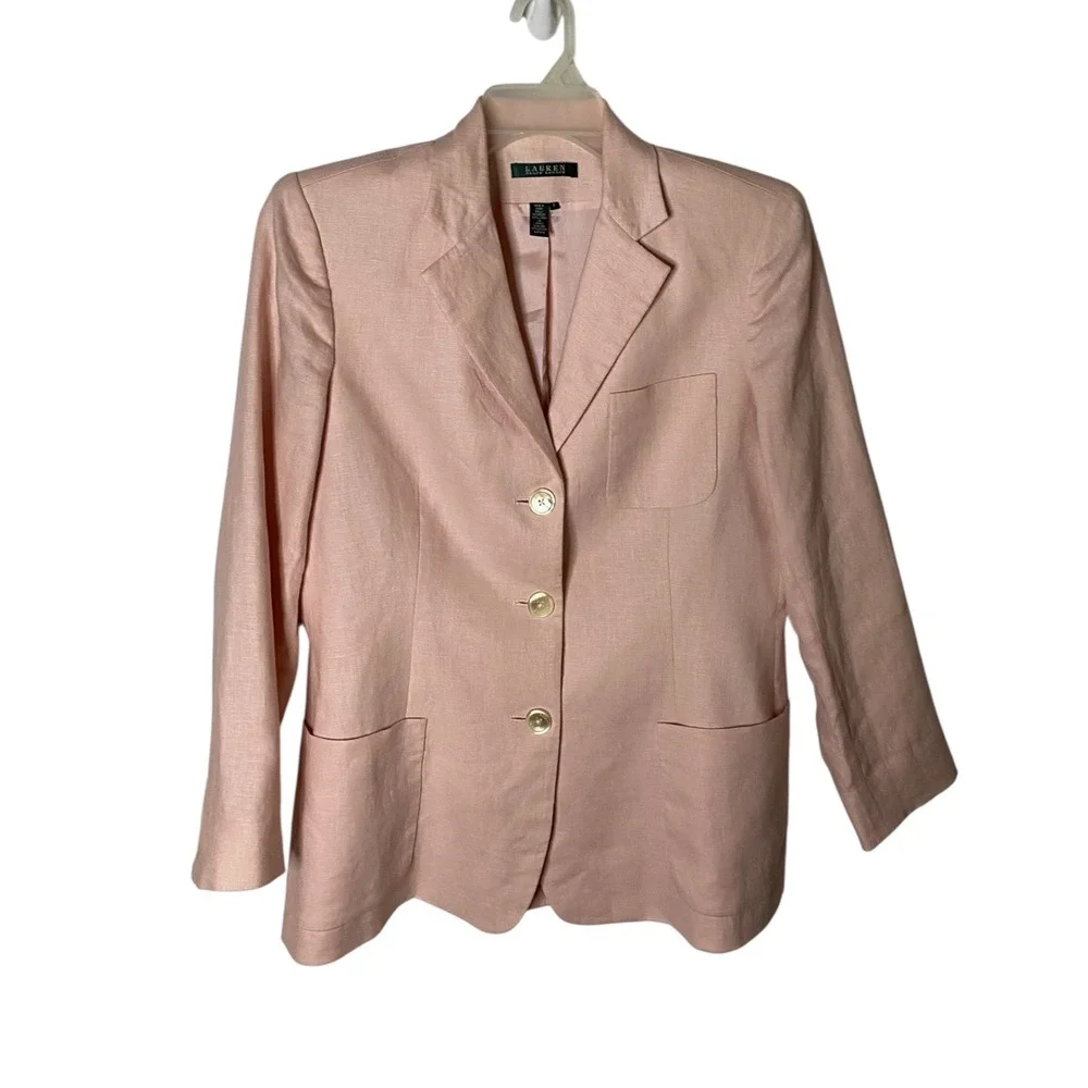Lauren Ralph Lauren Womens Linen Blazer Pink 3-Button Lined Jacket Size 8 - Picture 1 of 4
